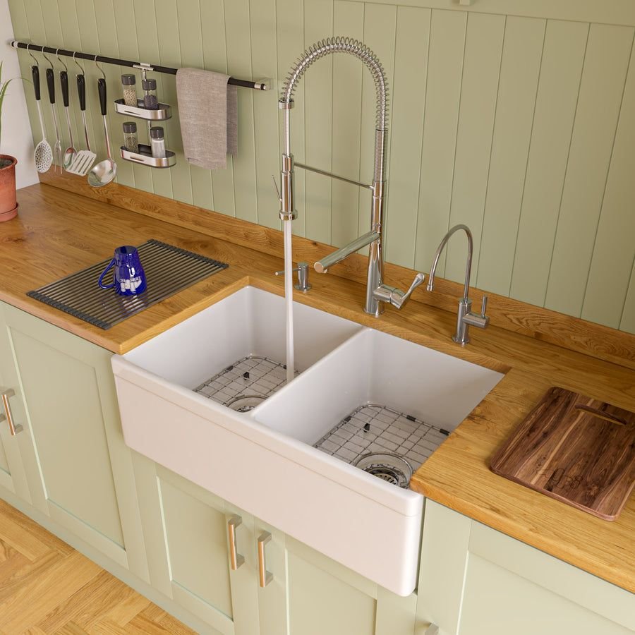 Kitchen idea with the ALFI brand AB539-W White 32" Decorative Lip Apron Double Bowl Fireclay, ALFI