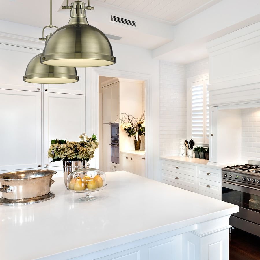 Kitchen idea with the Duncan 1 Light Pendant with Rod in Aged Brass with an Aged Brass Shade, Golden Lighting