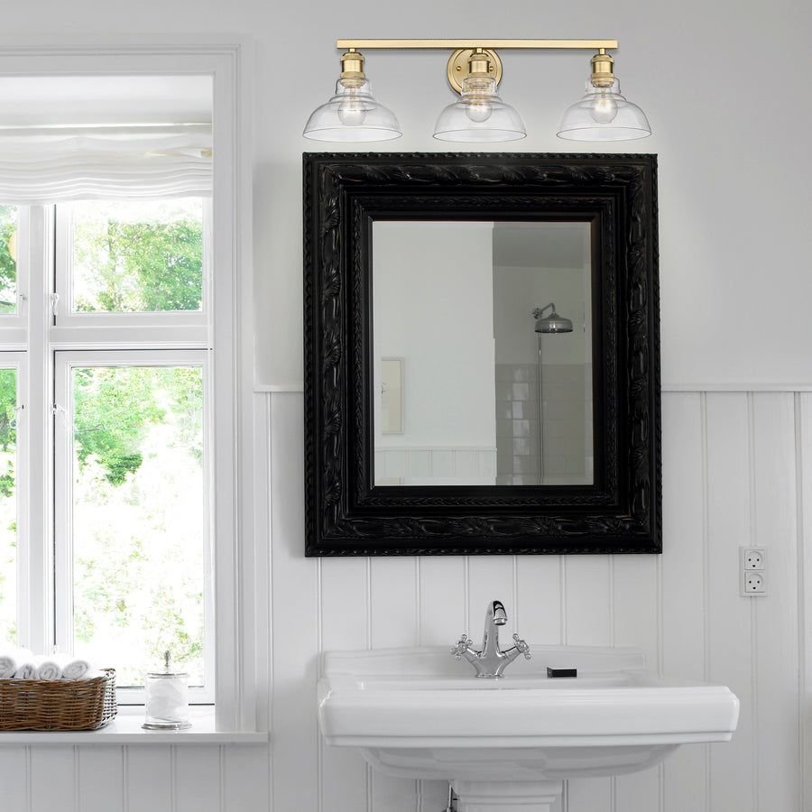 Bathroom idea with the Carver BCB 3 Light Bath Vanity in Brushed Champagne Bronze with Clear, Golden Lighting