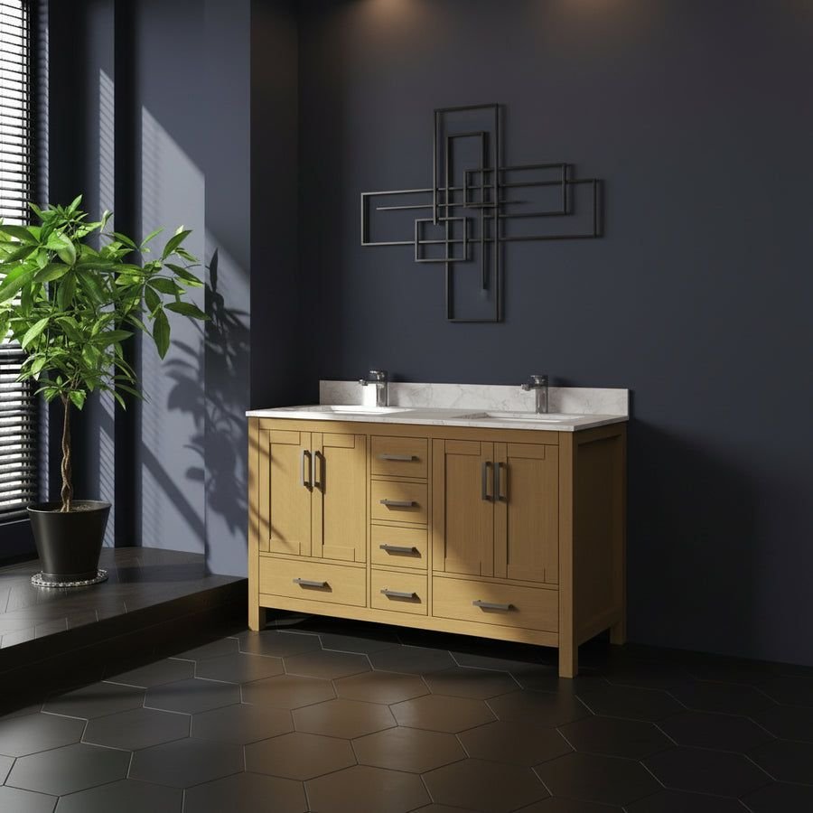 Bathroom idea with the New England Home Goods 55" Natural Wood Double Sink Vanity with Quartz, New England Home Goods