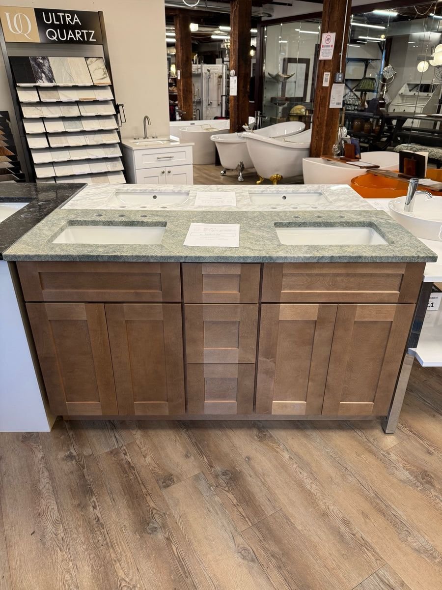 Bathroom idea with the CabTec Sturbridge 60-Inch Vanity, Caramel Stained w/ Cosmos Esmeralda, Showroom