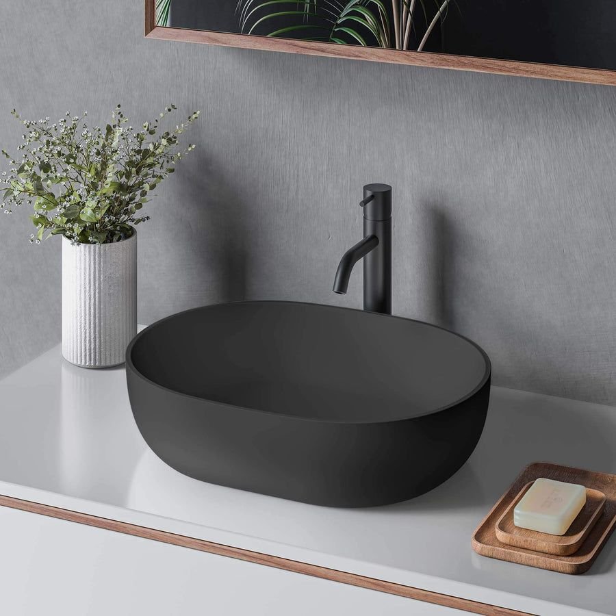 Bathroom idea with the Ruvati 19-inch Matte Black epiStone Solid Surface Modern Bathroom Vess, Ruvati