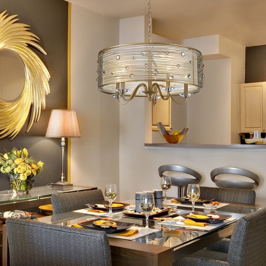Living room idea with the Joia 5 Light Chandelier in Peruvian Gold with a Sheer Filigree Mist Sh, Golden Lighting