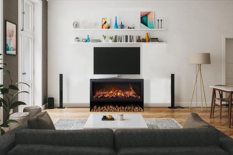 Living room idea with the Amantii TRD-26-BLK-PDS Contemporary Pedestal Display with Storage Comp, Amantii