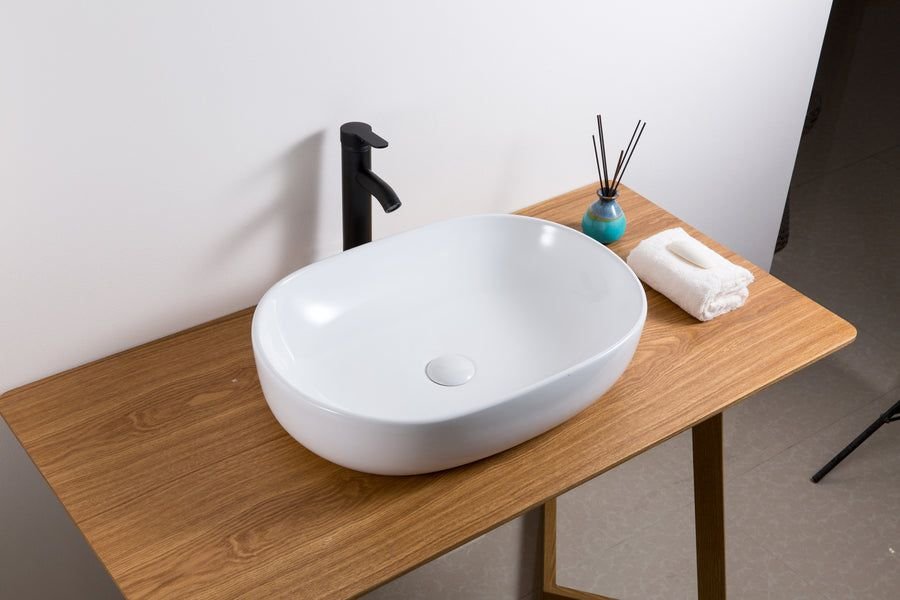 Bathroom idea with the Ruvati 24 x 16 inch Bathroom Vessel Sink White Oval Above Vanity Count, Ruvati