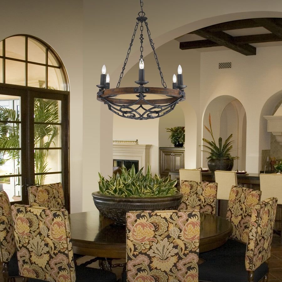 Living room idea with the Madera 6-Light Chandelier in Black Iron, Golden Lighting