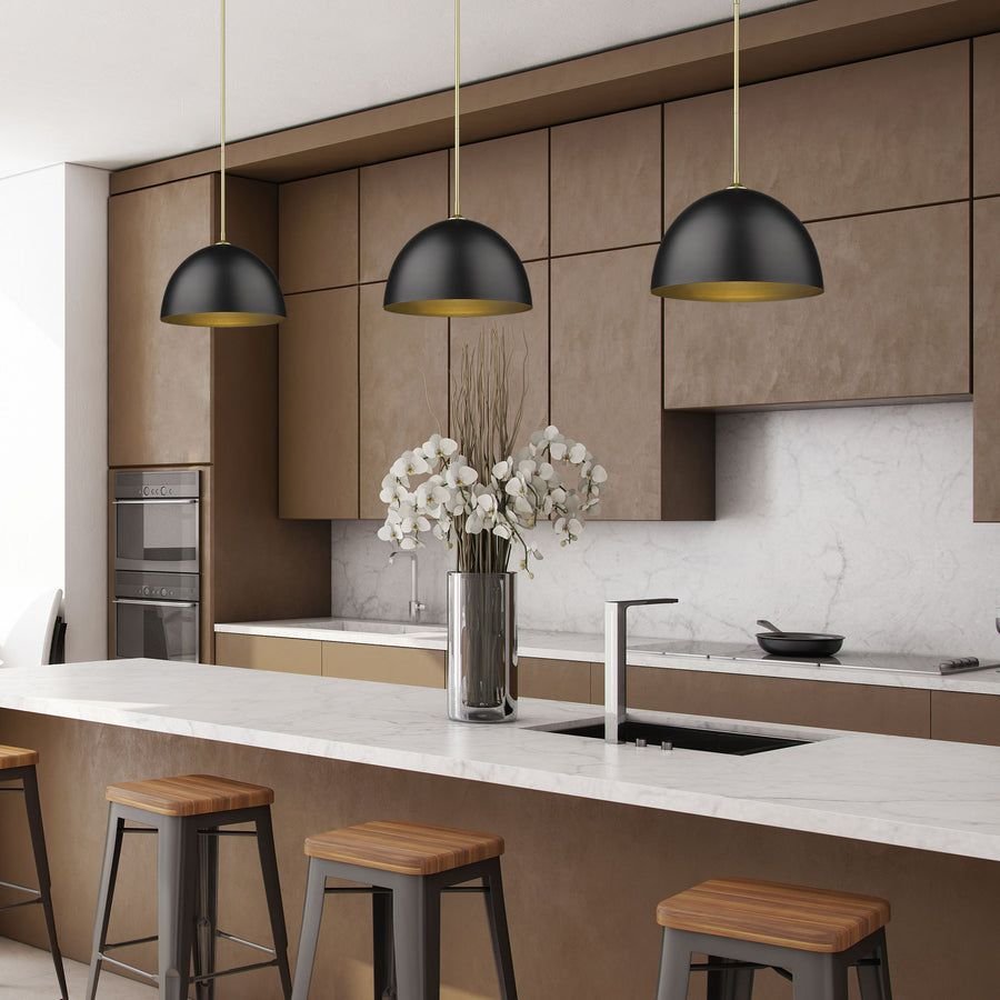 Living room idea with the Zoey Large Pendant in Olympic Gold with Matte Black Shade, Golden Lighting