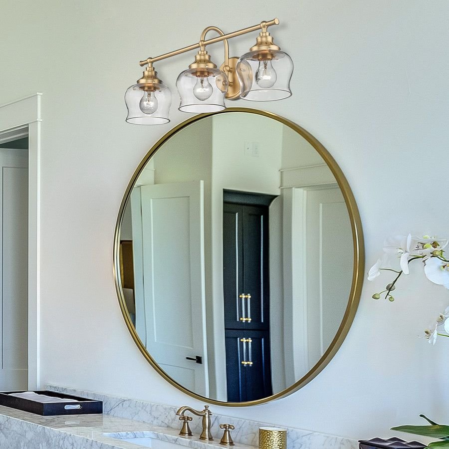 Bathroom idea with the Daphne 3 Light Bath Vanity in Brushed Champagne Bronze with Clear Glas, Golden Lighting