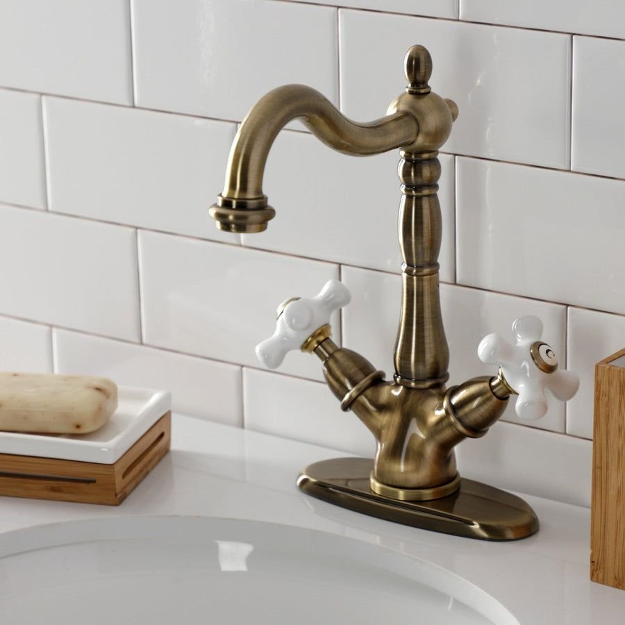 Bathroom idea with the Heritage KS1493PX Two-Handle 1-or-3 Hole Deck Mount Vessel Faucet, Ant, Kingston Brass