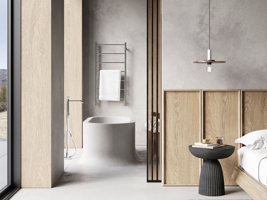 Bathroom idea with the Amba Products FSP Jeeves Model F Straight 7-Bar Hardwired Drying Rack, Amba Towel Warmers