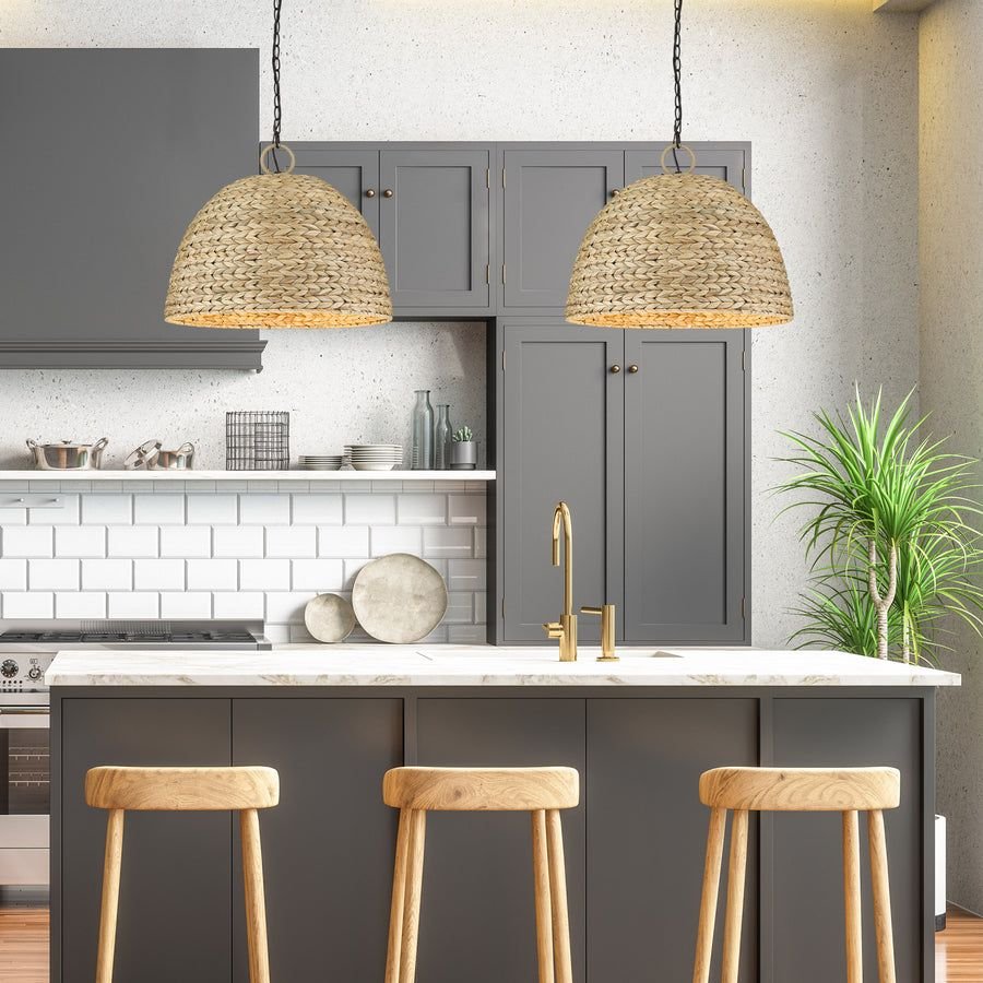 Kitchen idea with the Rue 5 Light Pendant in Matte Black with Woven Sweet Grass Shade, Golden Lighting