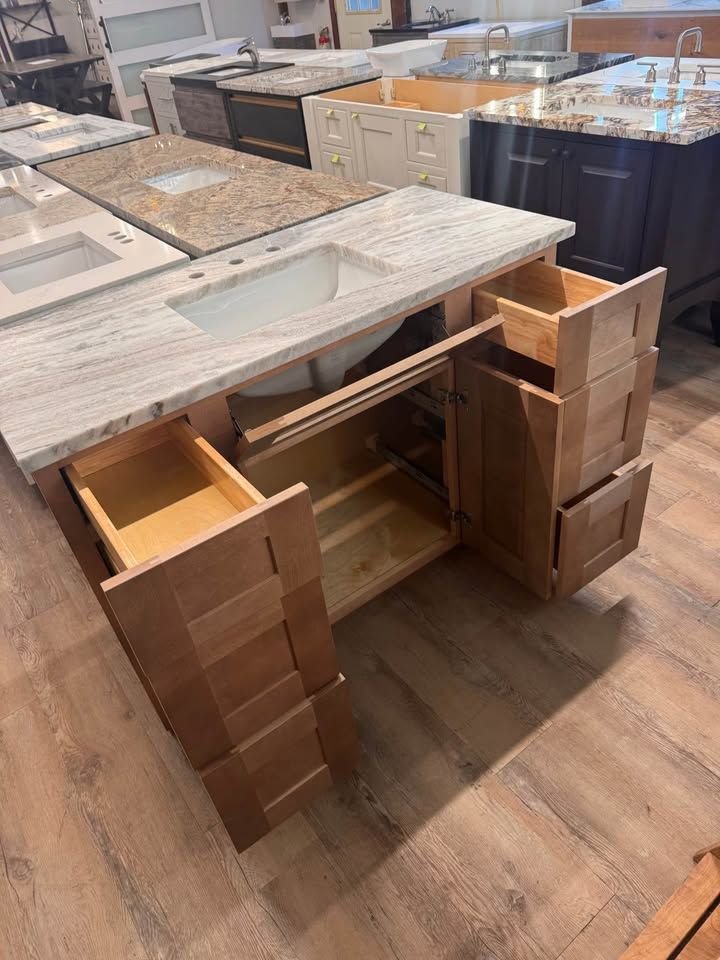 Bathroom idea with the 50” Shaker Carmel Cab-Tec Vanity w/ Fantasy Brown Marble Top 3CM, Showroom