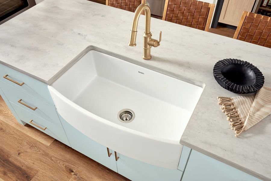 Kitchen idea with the Ruvati 33 inch Fireclay White Farmhouse Kitchen Sink Bow Front Curved, Ruvati