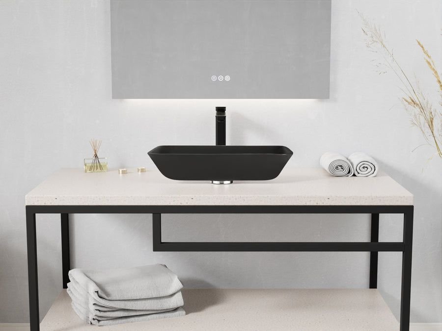 Bathroom idea with the ANZZI LS-AZ911MB Innovio Rectangle Glass Vessel Bathroom Sink with Mat, ANZZI