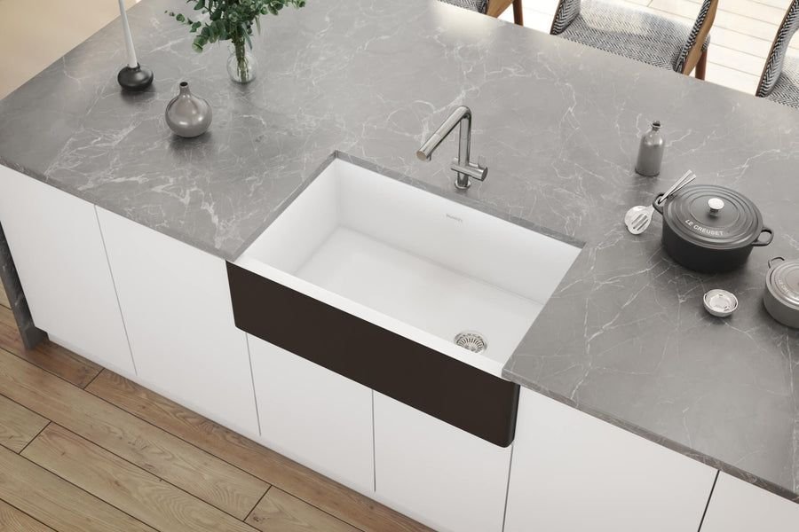 Kitchen idea with the Ruvati Black and White 30-inch Fireclay Farmhouse Offset Drain Kitchen, Ruvati