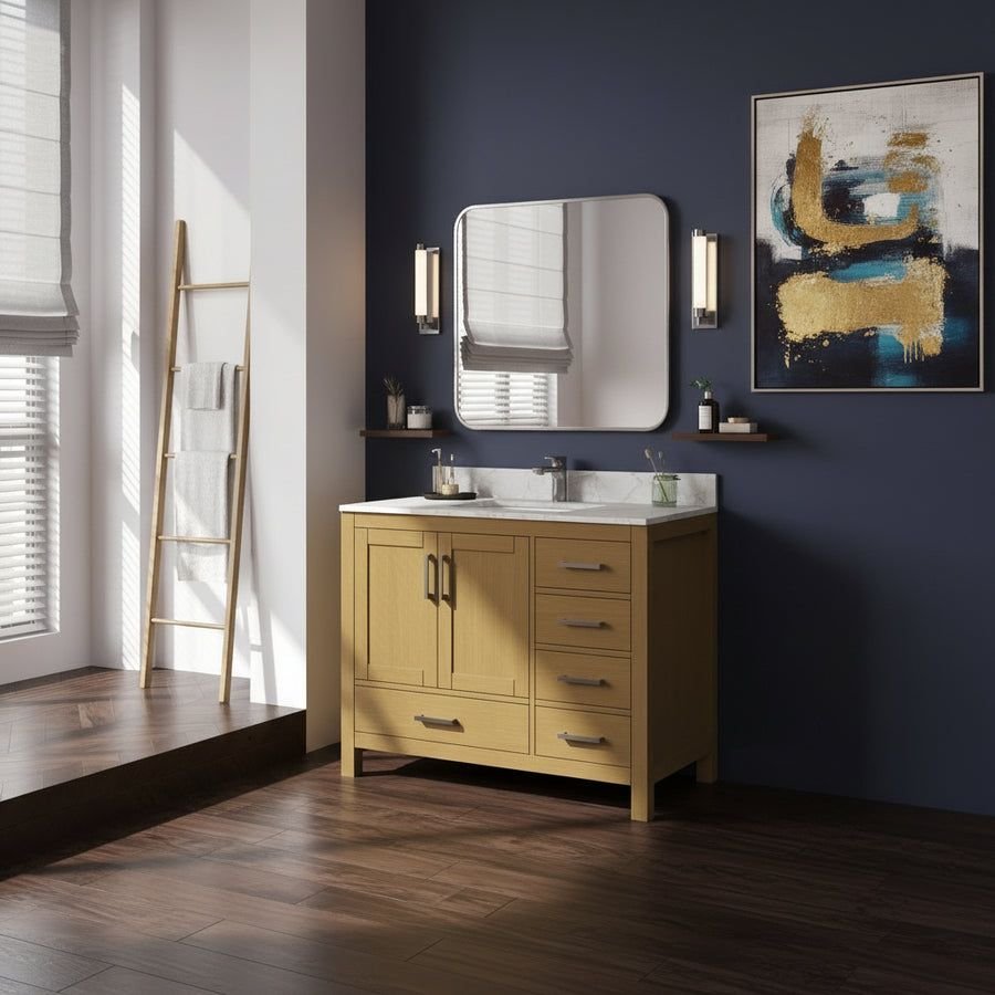 Bathroom idea with the New England Home Goods 42" Modern Quartz Top Natural Wood Vanity, New England Home Goods