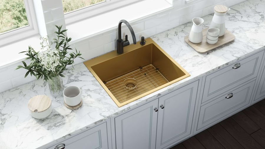 Kitchen idea with the Ruvati 25 inch Polished Brass Matte Gold Drop-in Topmount Kitchen Sink, Ruvati