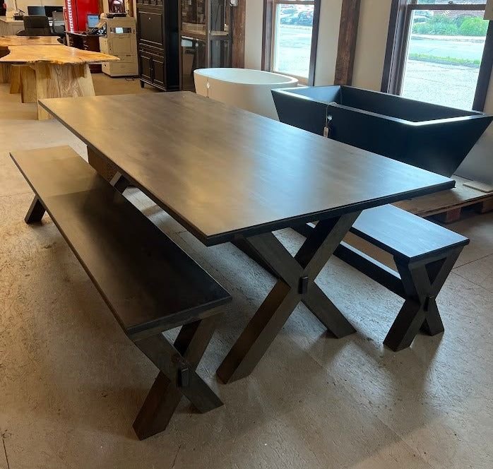 Kitchen idea with the Mountain View Woodworking 96" x 44" FarmHouse Trestle Table w/Benches, Mountain View Woodworking