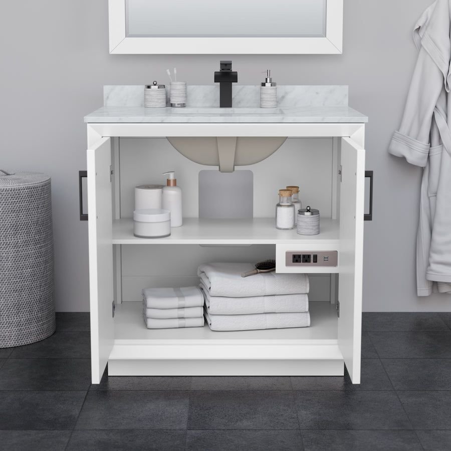 Bathroom idea with the Strada 36 Inch Single Bathroom Vanity in White Carrara Cultured Marble, Wyndham Collection