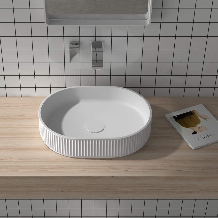 Bathroom idea with the Ruvati 19 x 14 inch Fluted Vessel Bathroom Sink epiStone Solid Surface, Ruvati