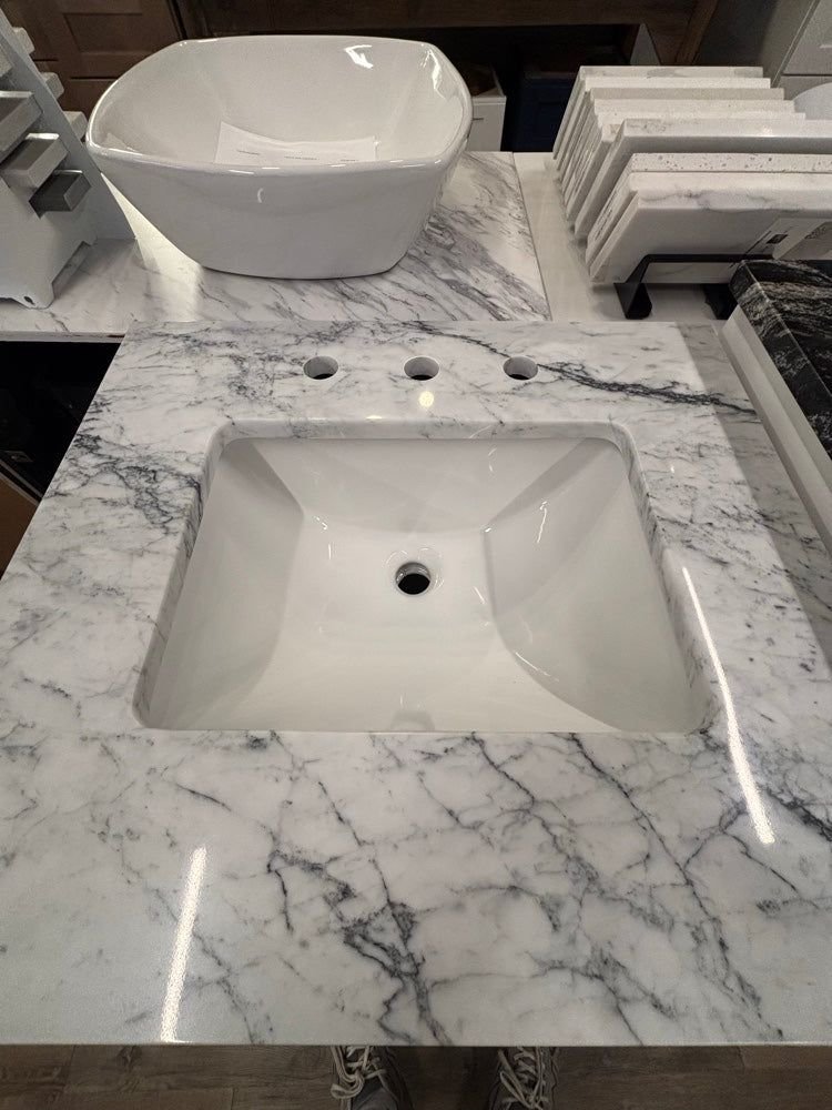 Bathroom idea with the 25" Sage Green Bathroom Vanity with Elk Carrara Marble Top, Showroom