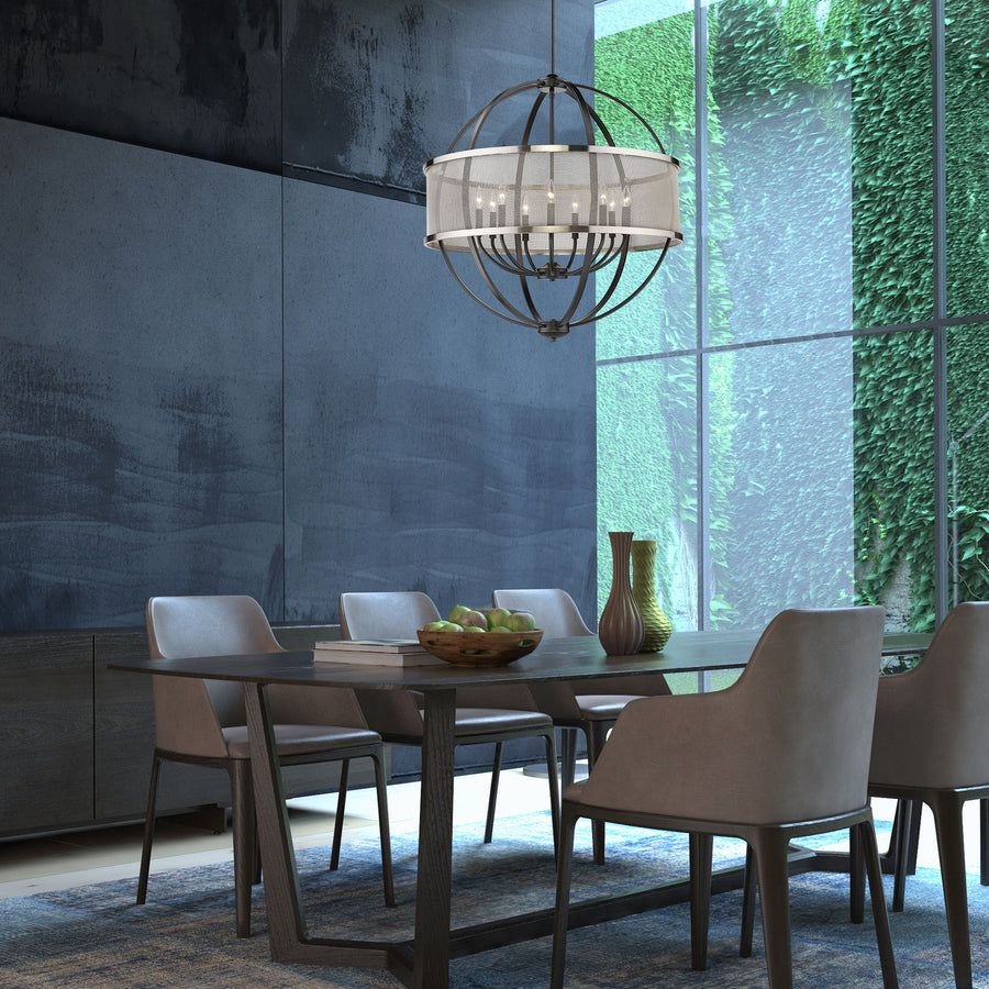 Living room idea with the Colson BLK 9 Light Chandelier (with Pewter shade) in Matte Black, Golden Lighting