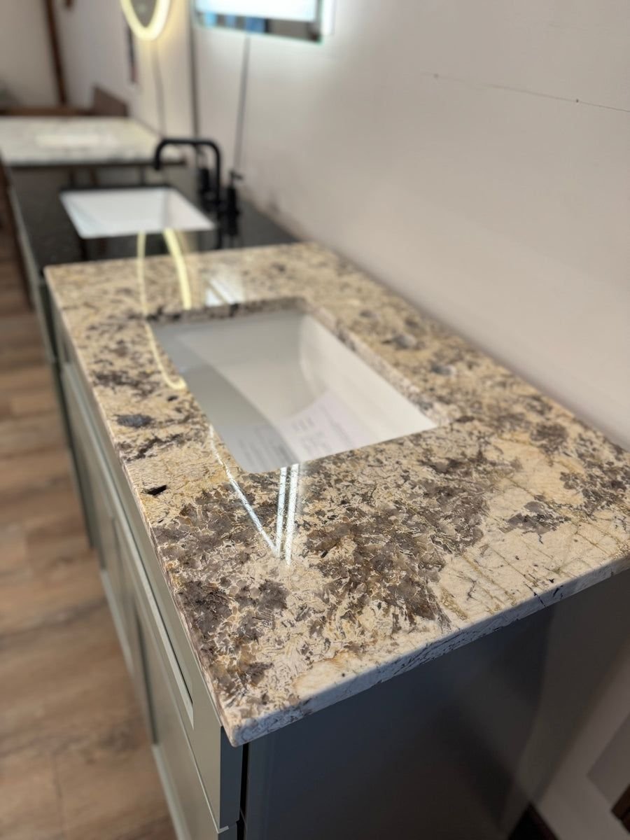 Bathroom idea with the 36" Moss Green Shaker Vanity with Granite Top, Showroom