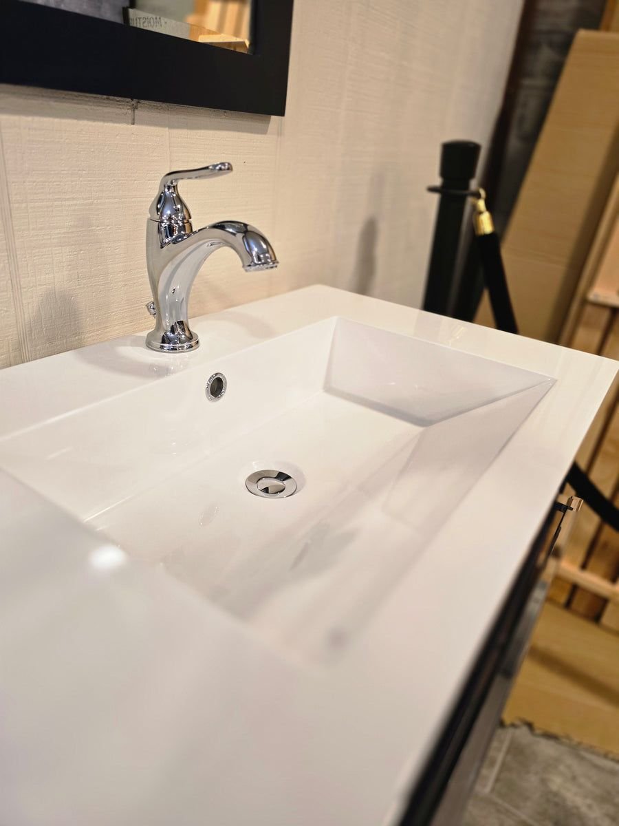 Bathroom idea with the 30" Cutler Wall-Mounted Vanity with Cultured Marble Top, Pfister Polis, Showroom
