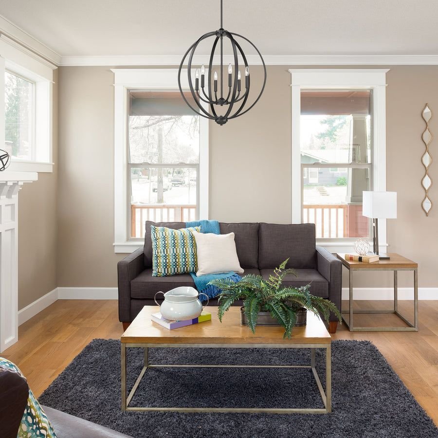 Living room idea with the Colson BLK 6 Light Chandelier in Matte Black, Golden Lighting