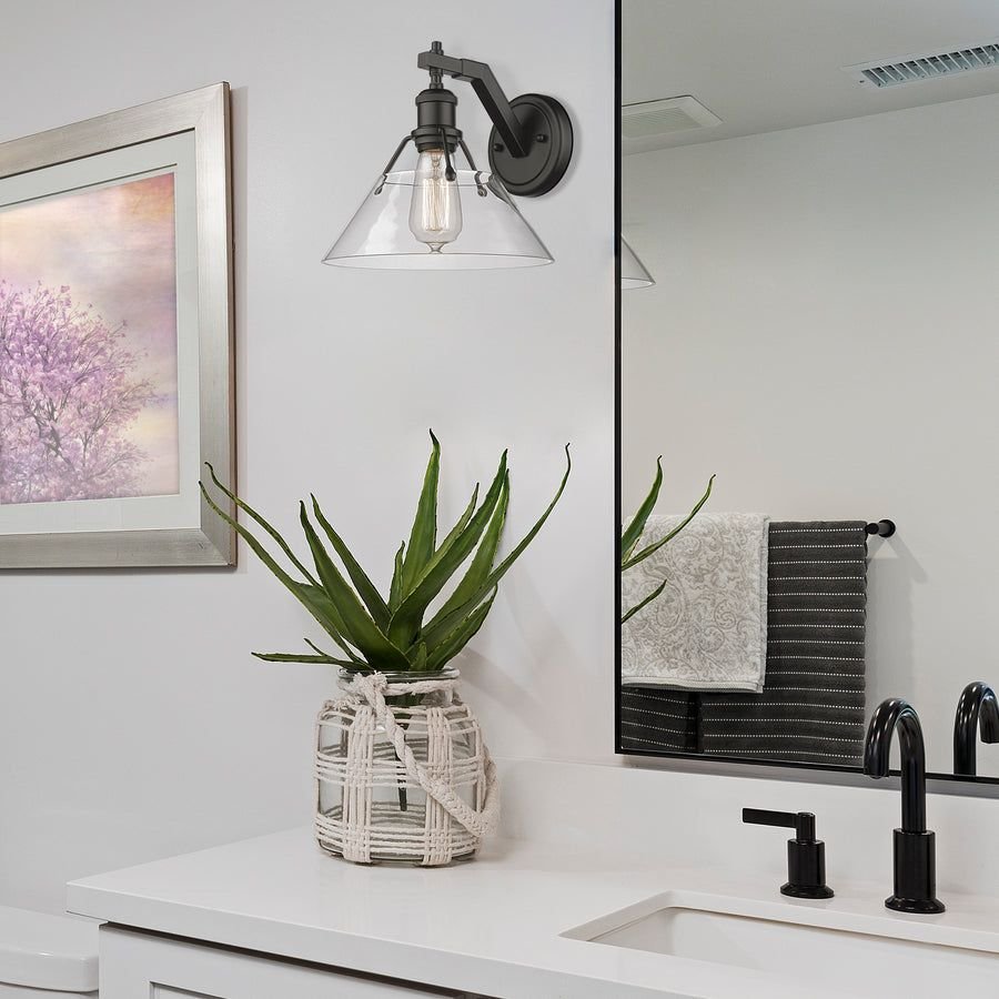 Bathroom idea with the Orwell BLK 1 Light Wall Sconce in Matte Black with Clear Glass Shade, Golden Lighting