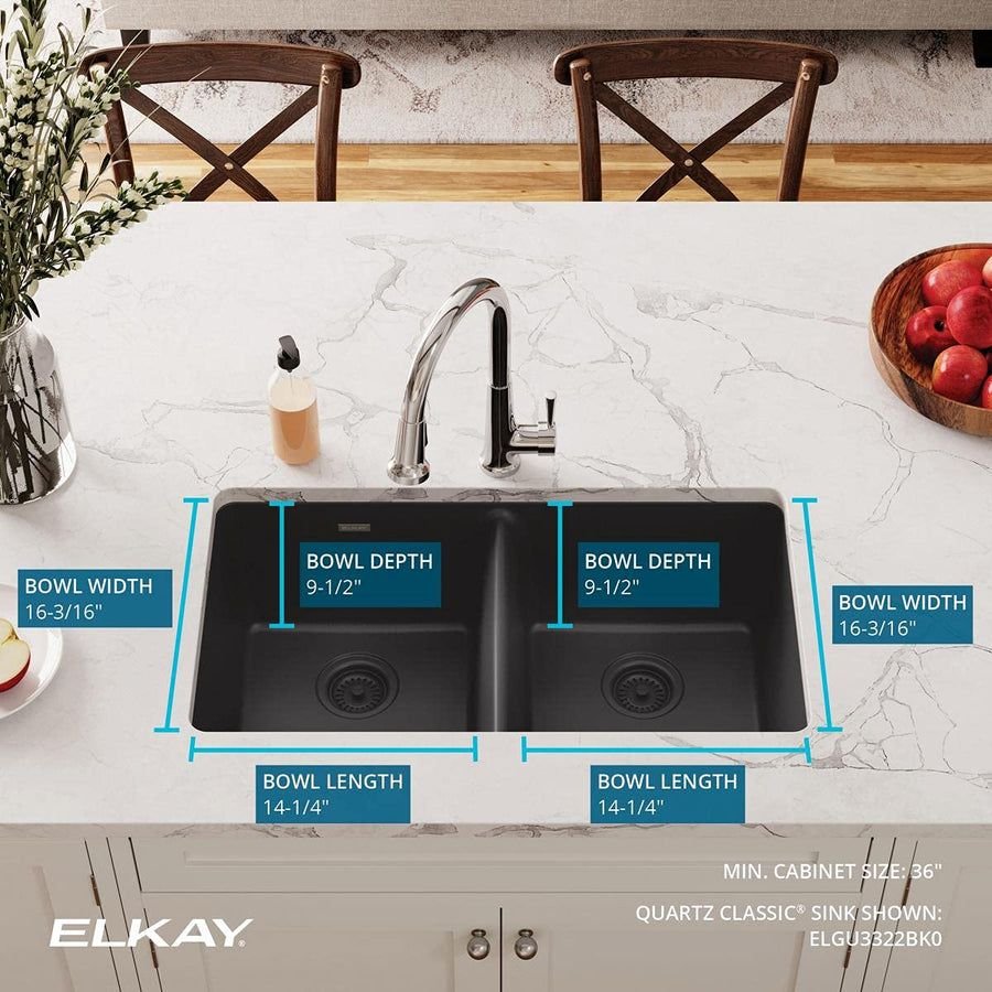Kitchen idea with the Elkay Quartz Classic ELGU3322BK0 Equal Double Bowl Undermount Sink, Bl, ELKAY