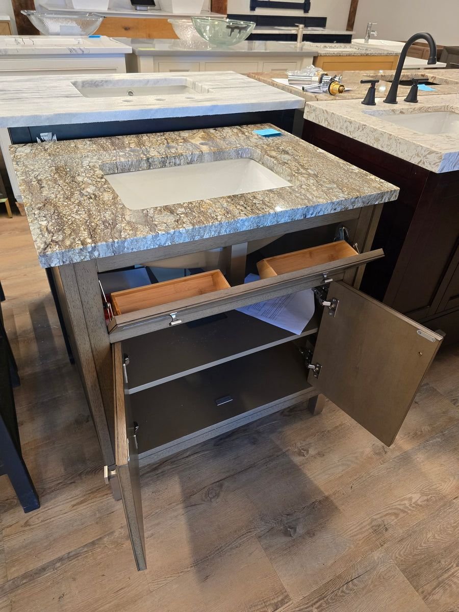 Bathroom idea with the 30" James Martin Wood Vanity with Sahara Sky Polished Granite Top, Showroom
