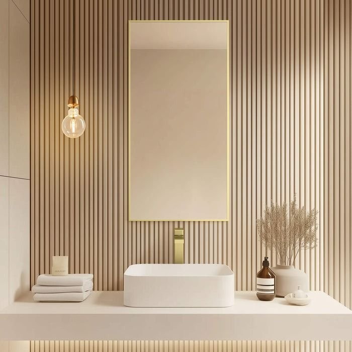 Bathroom idea with the Blossom FM1 18"x36" Brushed Gold Sleek Durable Metal Framed Mirror, Blossom