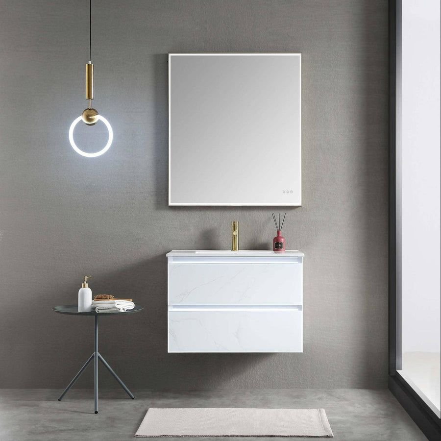 Bathroom idea with the Blossom Jena 30" 2-Drawer Calacatta White Wall-Mounted Vanity Set With, Blossom