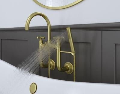 Bathroom idea with the Tisbury Wall Mounted Tub Filler with Hand Shower in Brushed Gold, Pfister