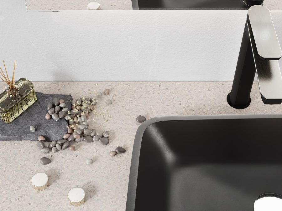 Bathroom idea with the ANZZI LS-AZ911MB Innovio Rectangle Glass Vessel Bathroom Sink with Mat, ANZZI