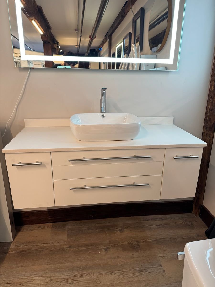 Bathroom idea with the 48" Floating White Vanity Set with Quartz Top, Ceramic Vessel Sink, an, Showroom