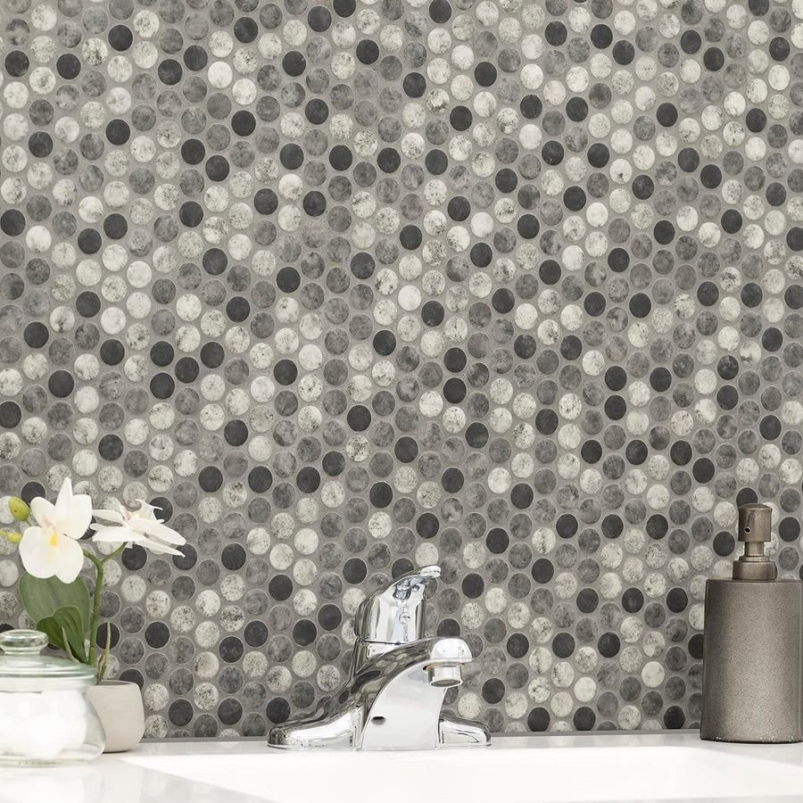 Tile idea with the MSI Urban Tapestry 12" x 12" Recycled Glass Penny Round Mosaic Tile, MSI