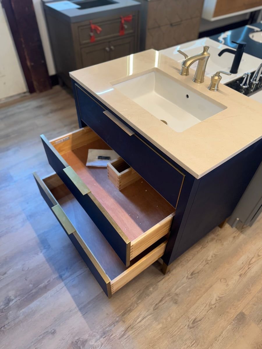 Bathroom idea with the 36" Navy Vanity Set with Tan Marble Vanity Top with Brass Widespread F, Showroom