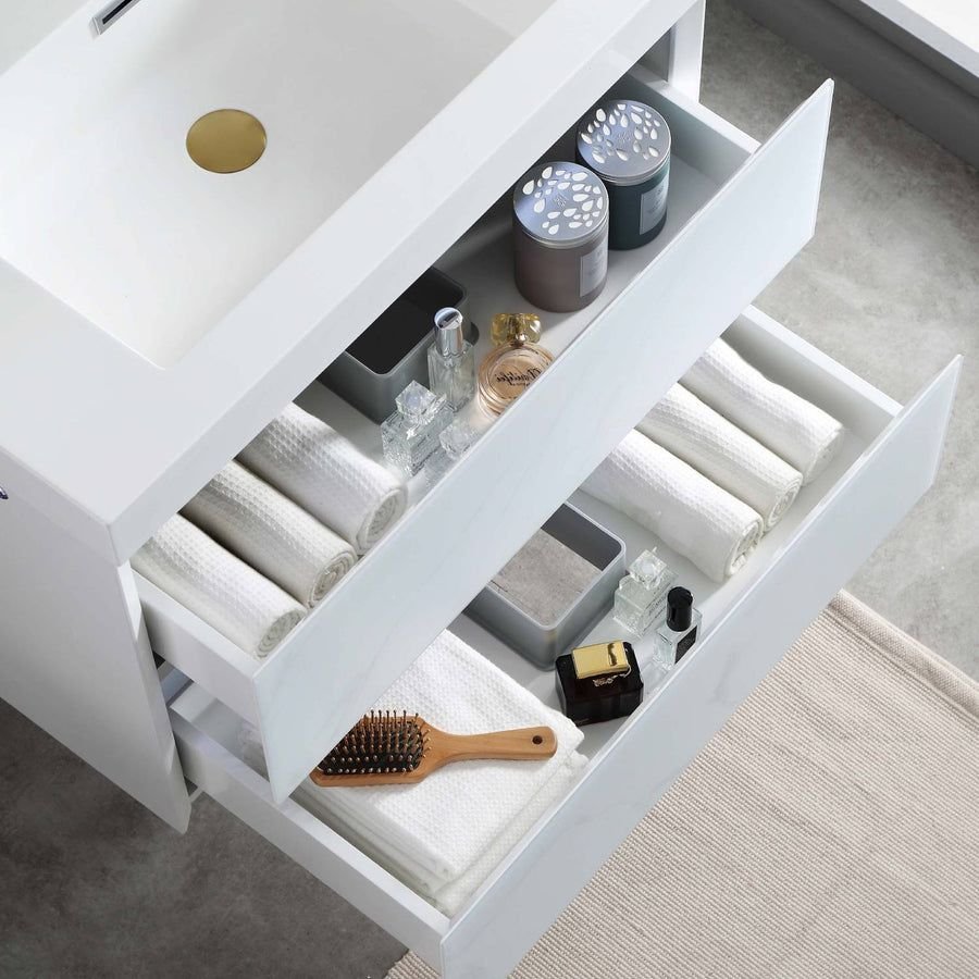 Bathroom idea with the Blossom Jena 30" 2-Drawer Calacatta White Wall-Mounted Vanity Set With, Blossom