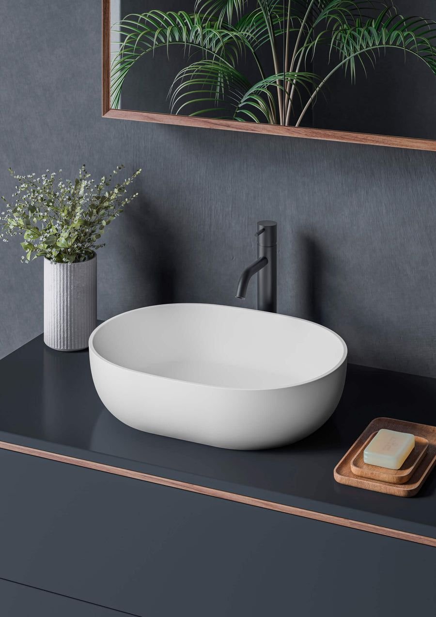Bathroom idea with the Ruvati 19-inch Matte White epiStone Solid Surface Modern Bathroom Vess, Ruvati
