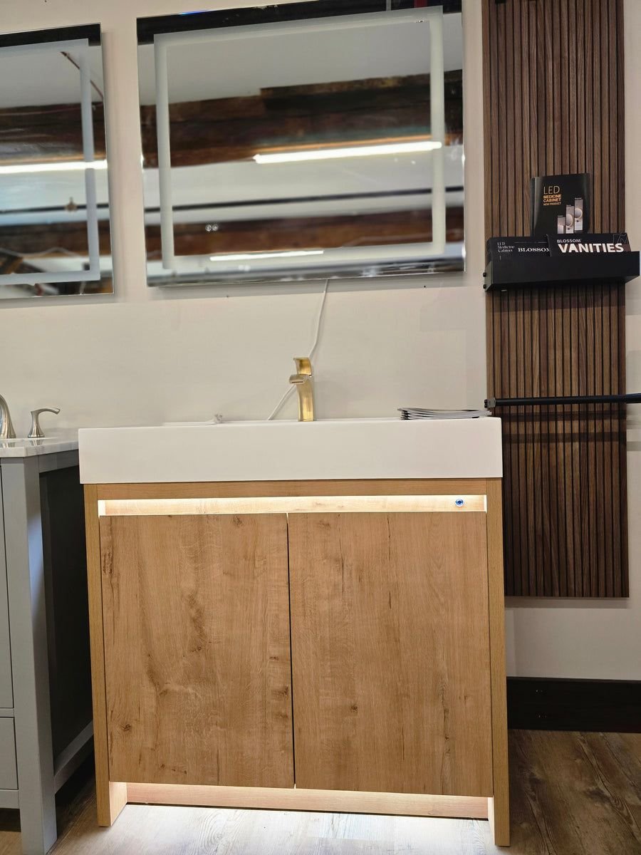 Bathroom idea with the 36" Capri Classic Oak Vanity with an Acrylic Basin, Brushed Gold Pfist, Showroom