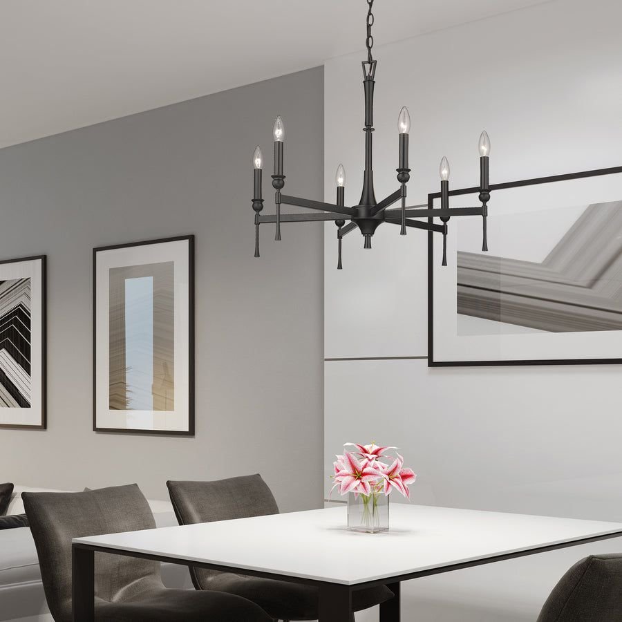 Living room idea with the Landon 6 Light Chandelier in Matte Black, Golden Lighting