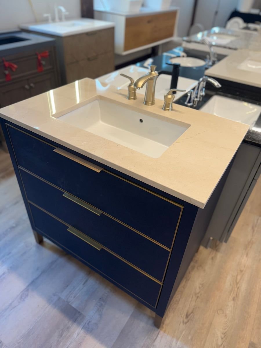 Bathroom idea with the 36" Navy Vanity Set with Tan Marble Vanity Top with Brass Widespread F, Showroom