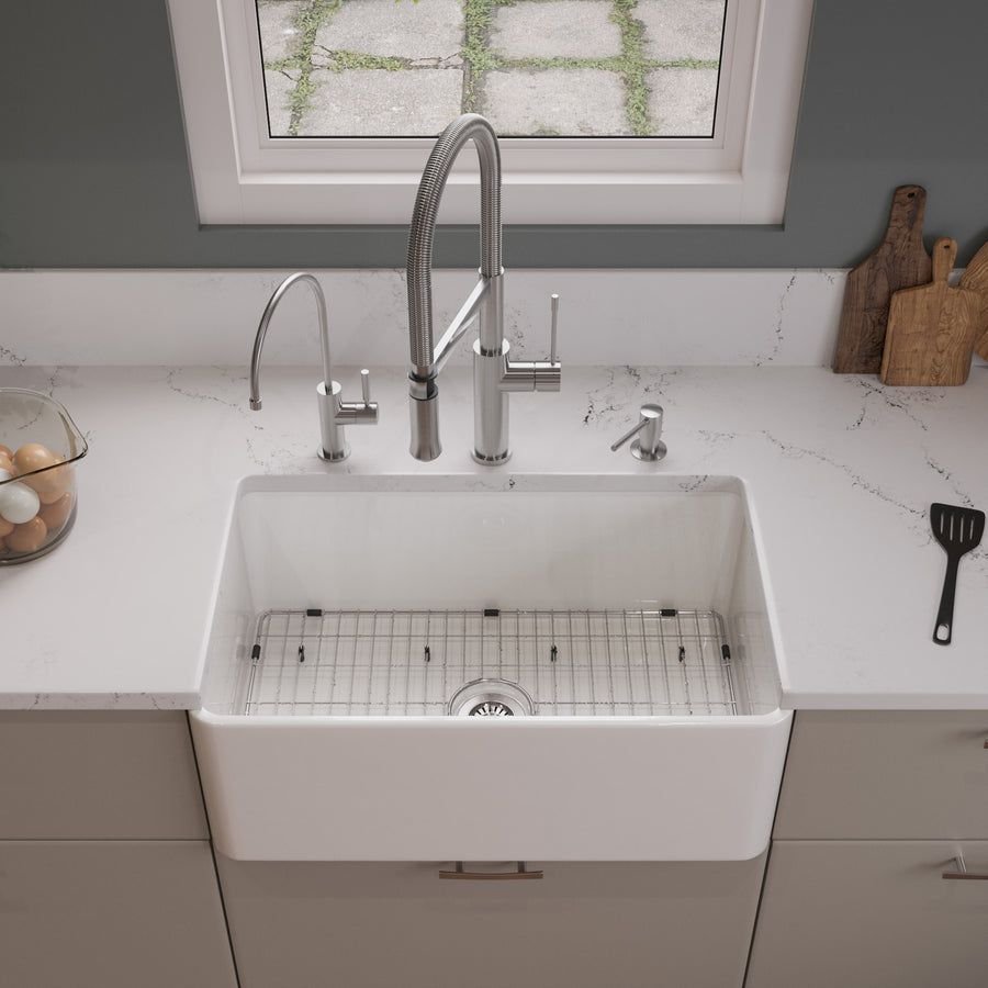 Kitchen idea with the ALFI brand ABF3018 30" White Thin Wall Single Bowl Smooth Apron Firecl, ALFI
