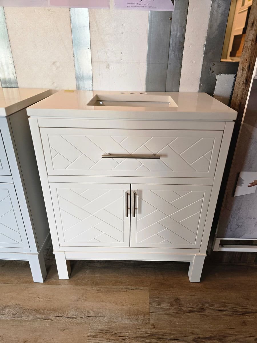 Bathroom idea with the 30" White Kohler Vanity with Custom Marble Top, Showroom