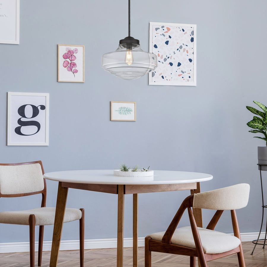 Living room idea with the Ingalls Large Pendant in Matte Black with Clear Glass Shade, Golden Lighting