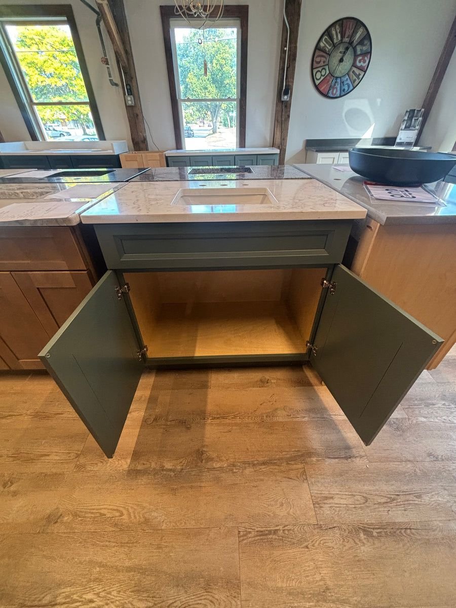 Bathroom idea with the 36” 802 Bolton Green Vanity W/ 36” Polished Cinela Quartz Top, PoshHaus