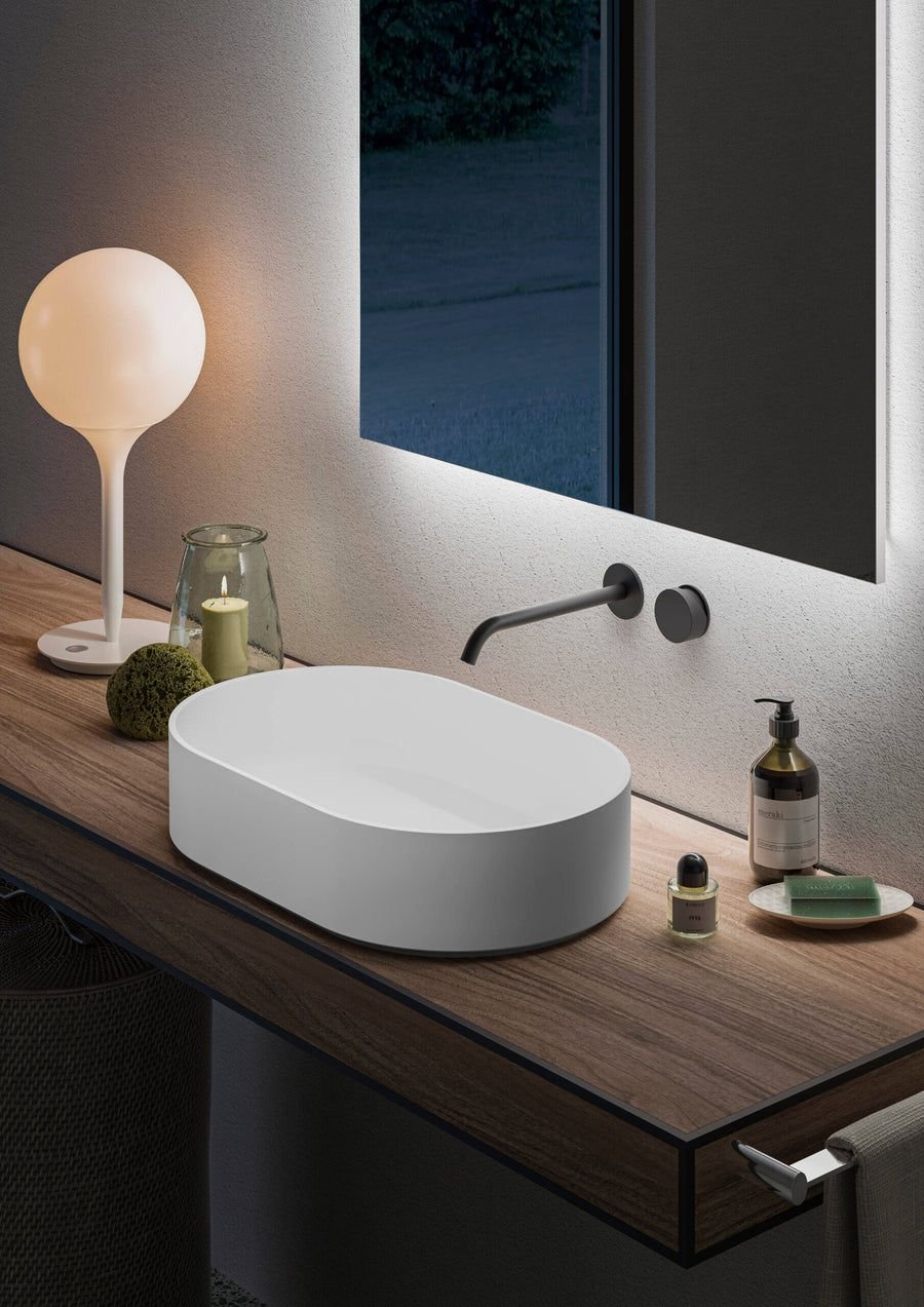 Bathroom idea with the Ruvati 23-inch Matte White epiStone Solid Surface Modern Bathroom Vess, Ruvati