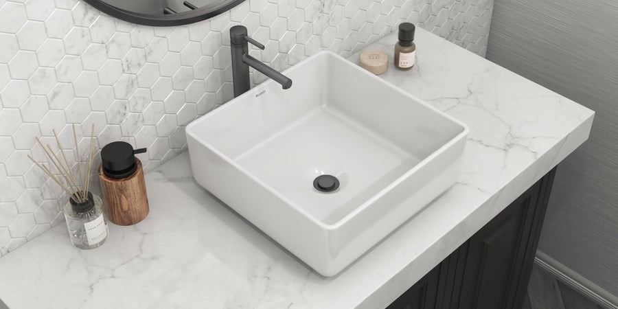 Bathroom idea with the Ruvati 15 x 15 inch Bathroom Vessel Sink White Square Above Counter Po, Ruvati